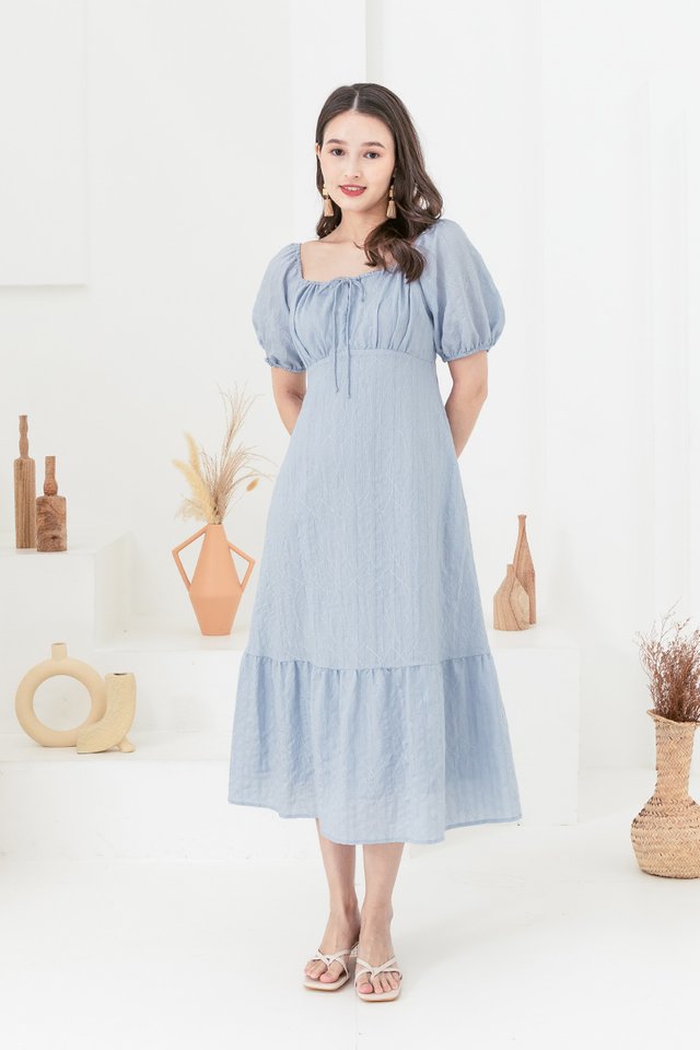 Emilia Drawstring Textured Dress in Powder Blue