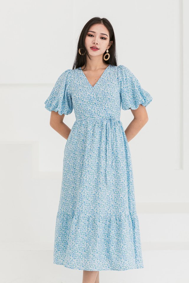 Floral Diary Faux Wrap Dress in Baby Blue