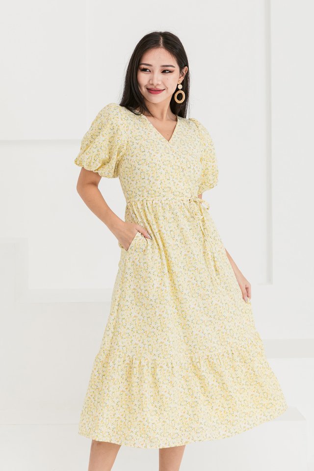 Floral Diary Faux Wrap Dress in Yellow