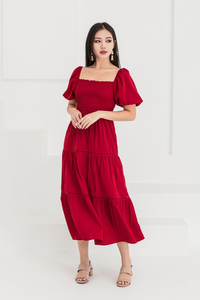 RESTOCKED Gentle Lady Ladder Trim Dress in Wine Red
