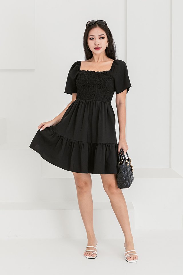 Its A Date Smocked Mini Dress in Black