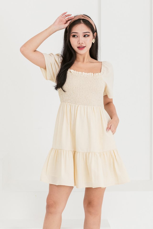 Its A Date Smocked Mini Dress in Cream