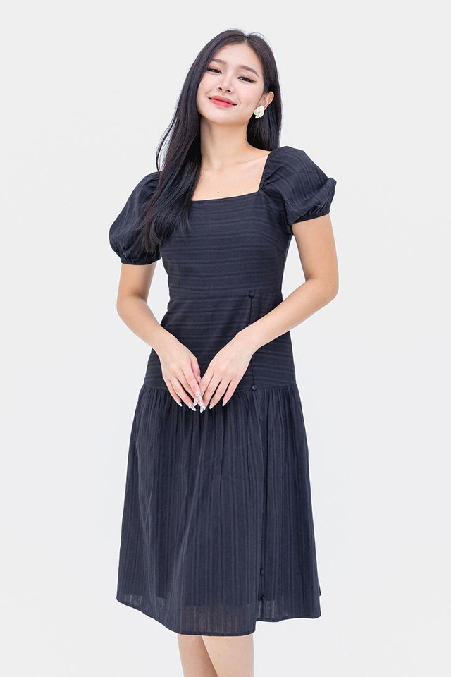 Melinda Textured Side Buttons Dress in Black