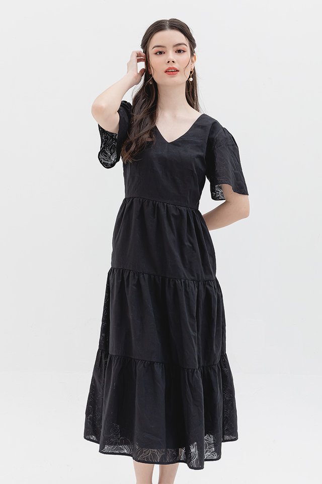 Morning Dew Tiered Midi Dress in Black