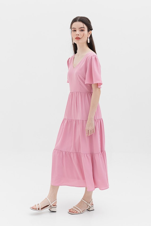 Morning Dew Tiered Midi Dress in Hibiscus