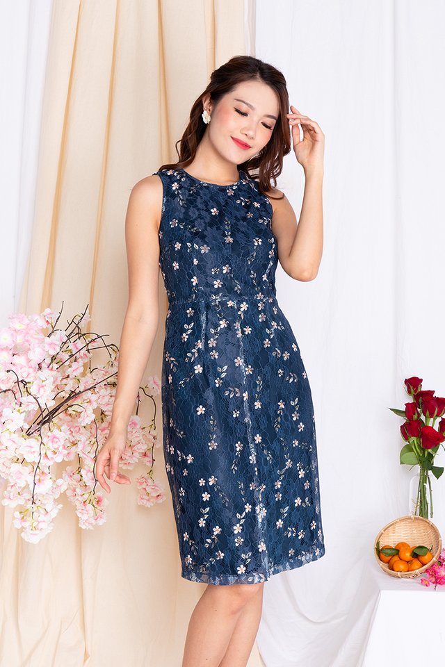 Whispers of Blossoms Lace Dress in Navy